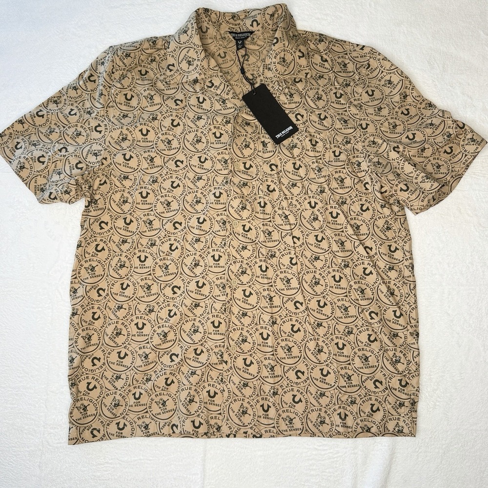 True Religion Logo Print Resort Shirt AOP All Over Y2K‎ Streetwear Tan NWT Small